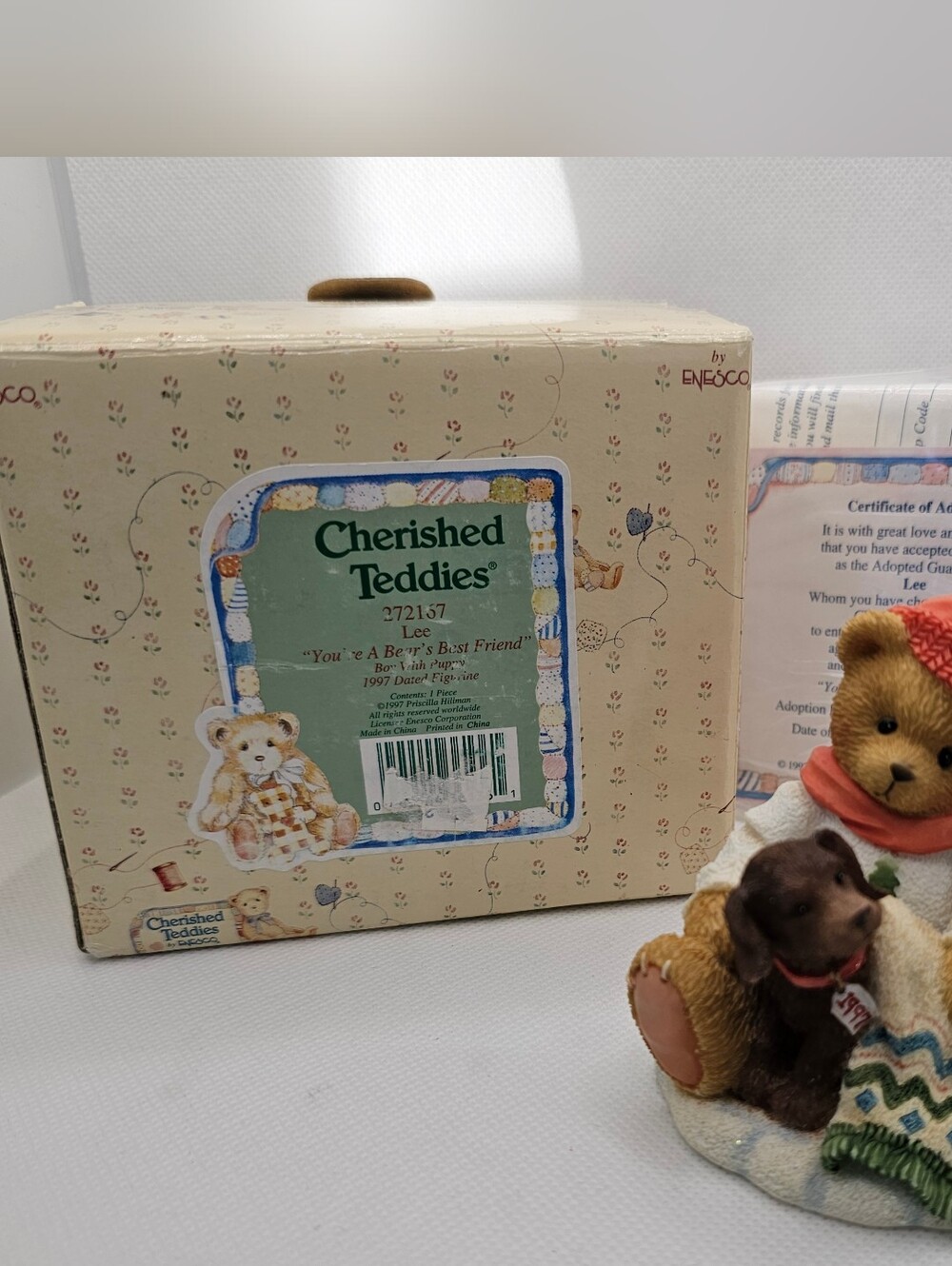 New Cherished Teddies Figurine LEE Boy 1997 puppy Bear Best Friend Hat Figure